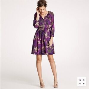J. Crew Maisie Purple Abstract Floral Print Dress Silk Chiffon Long Sleeve SZ8